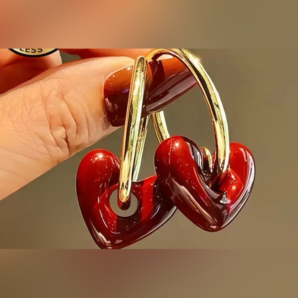 Gold and Red Heart Hoop Earrings